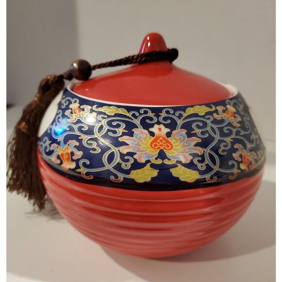 Red And Blue Decorative Urn With Suctioned On Lid With Tassle - Picture 3 of 10